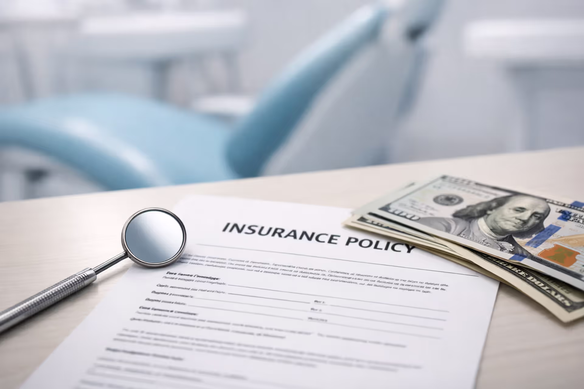Dental mirror lying next to an insurance document and dollar bills on a desk with a blurred dental chair in the background