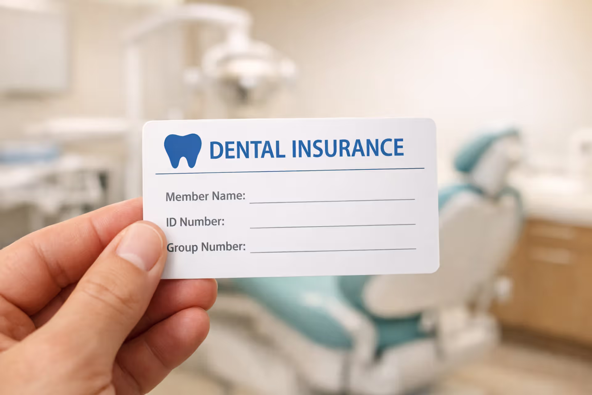 A person holding a dental insurance card in front of a blurred modern dental office with a dental chair and equipment in the background