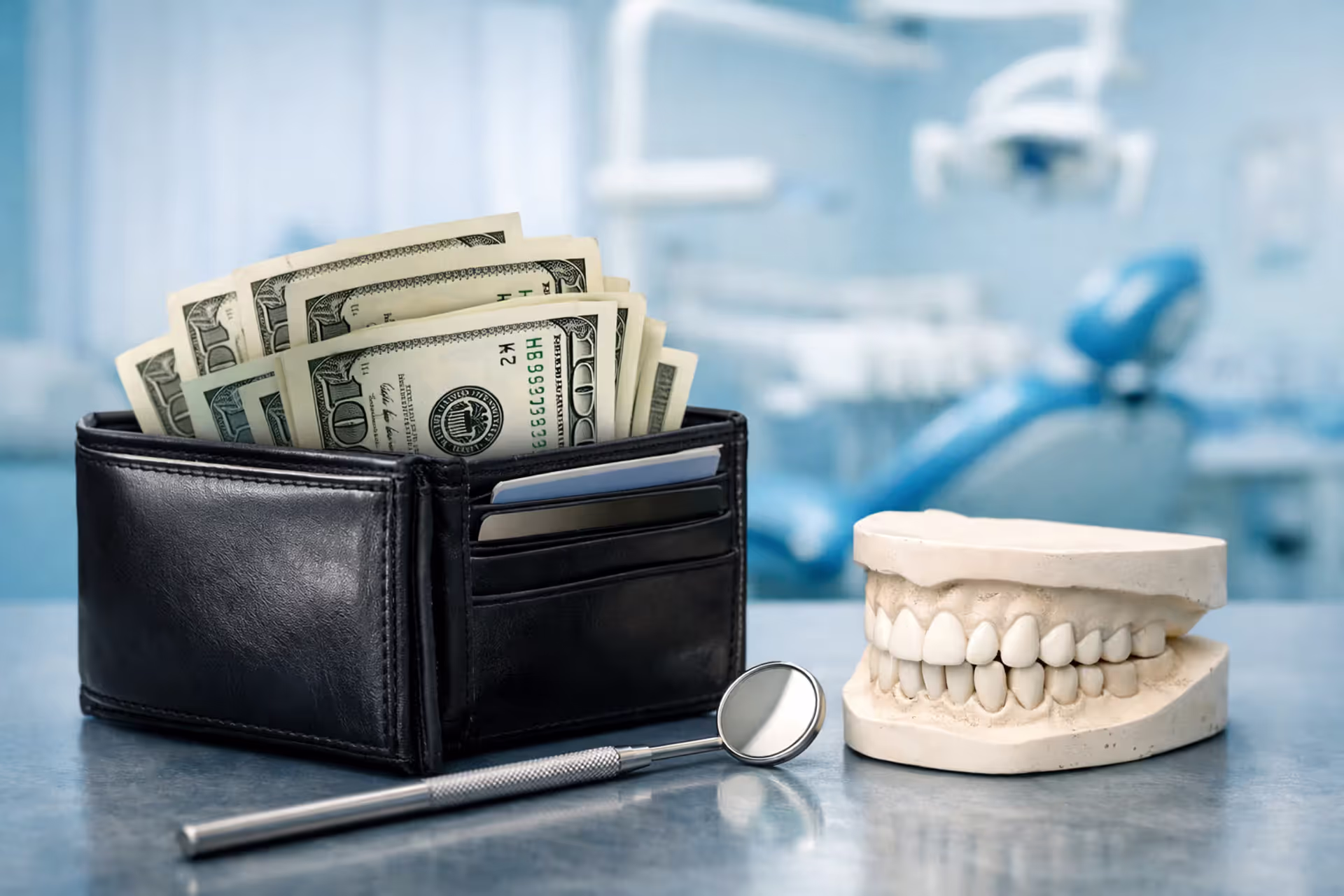 Wallet with dollar bills next to a dental mirror and tooth model on a blurred dental office background