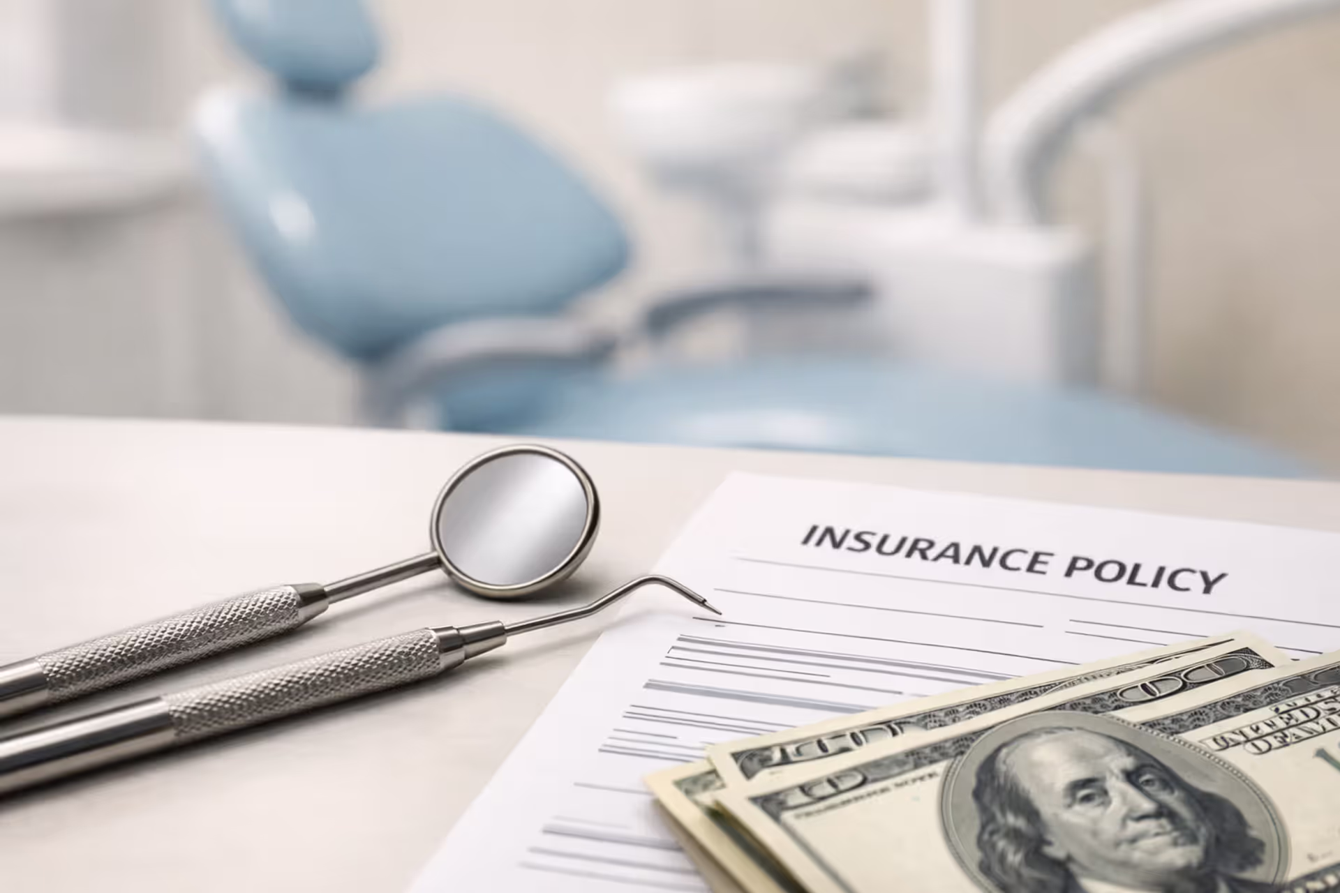 Dental mirror and explorer tools placed next to an insurance policy document and dollar bills with a blurred dental chair in the background