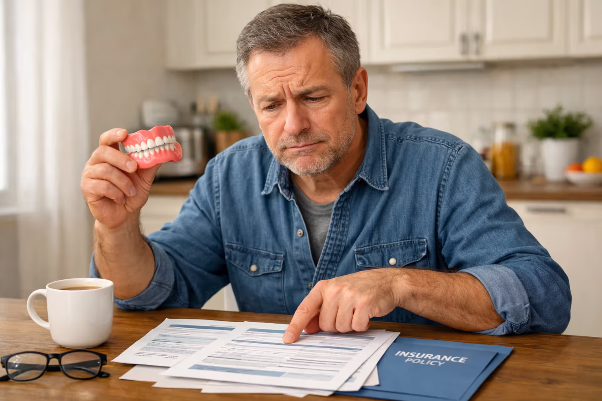 Thoughtful middle-aged person sitting at kitchen table examining dental insurance documents while holding a complete denture in one hand