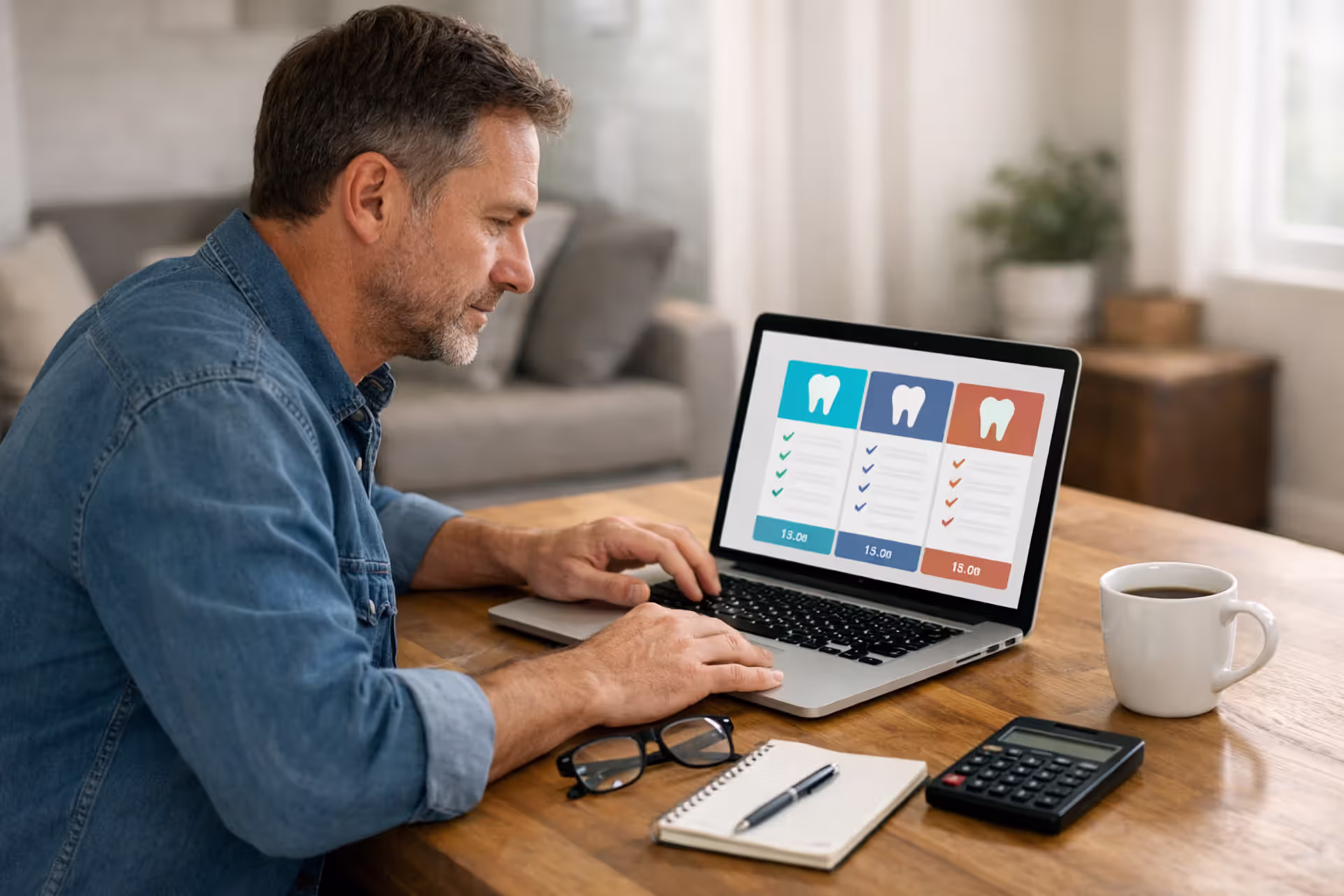 Person comparing individual dental insurance plans on a laptop at home