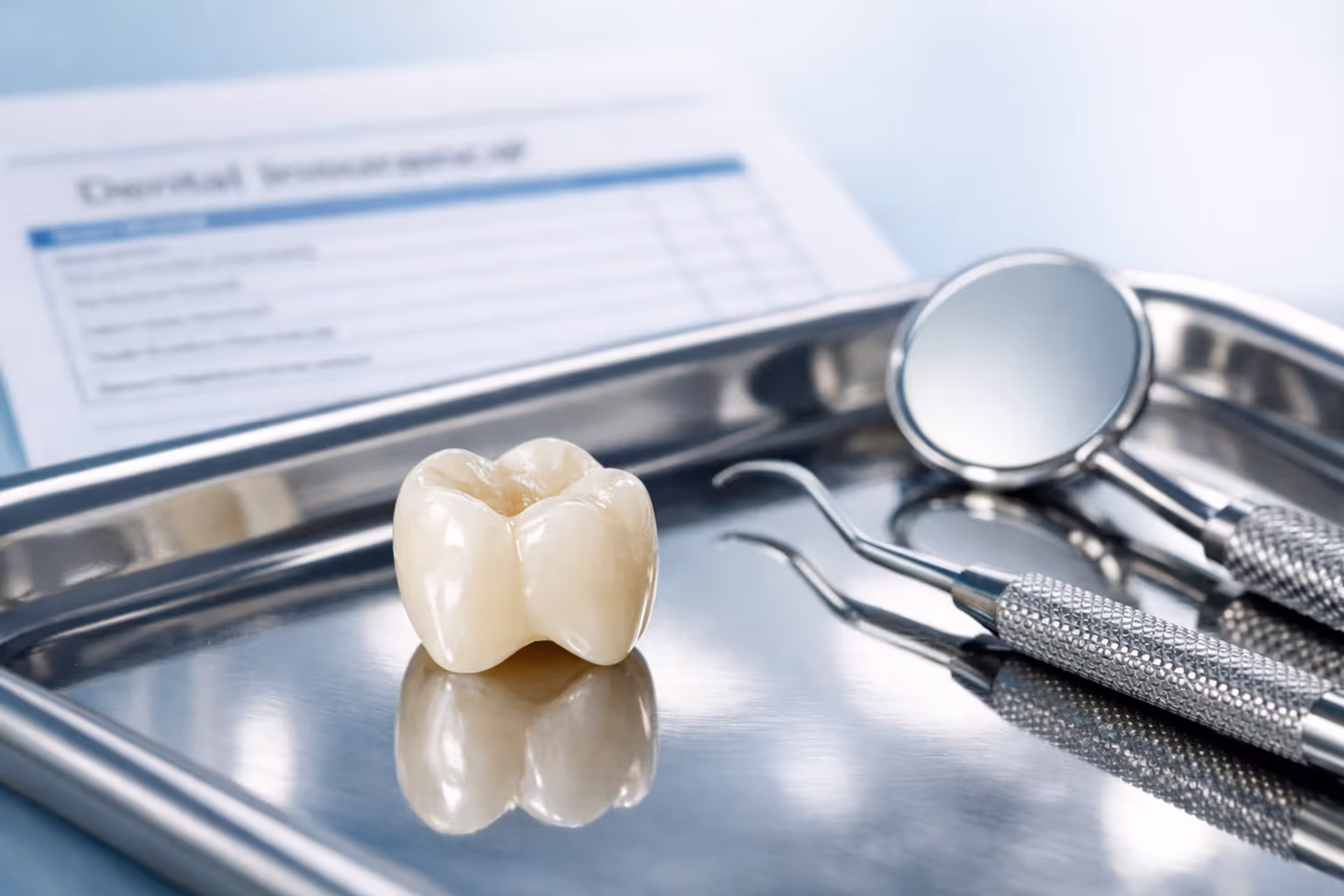 Dental crown placed on a dentist tray next to dental instruments and a blurred insurance document in a clean clinical setting