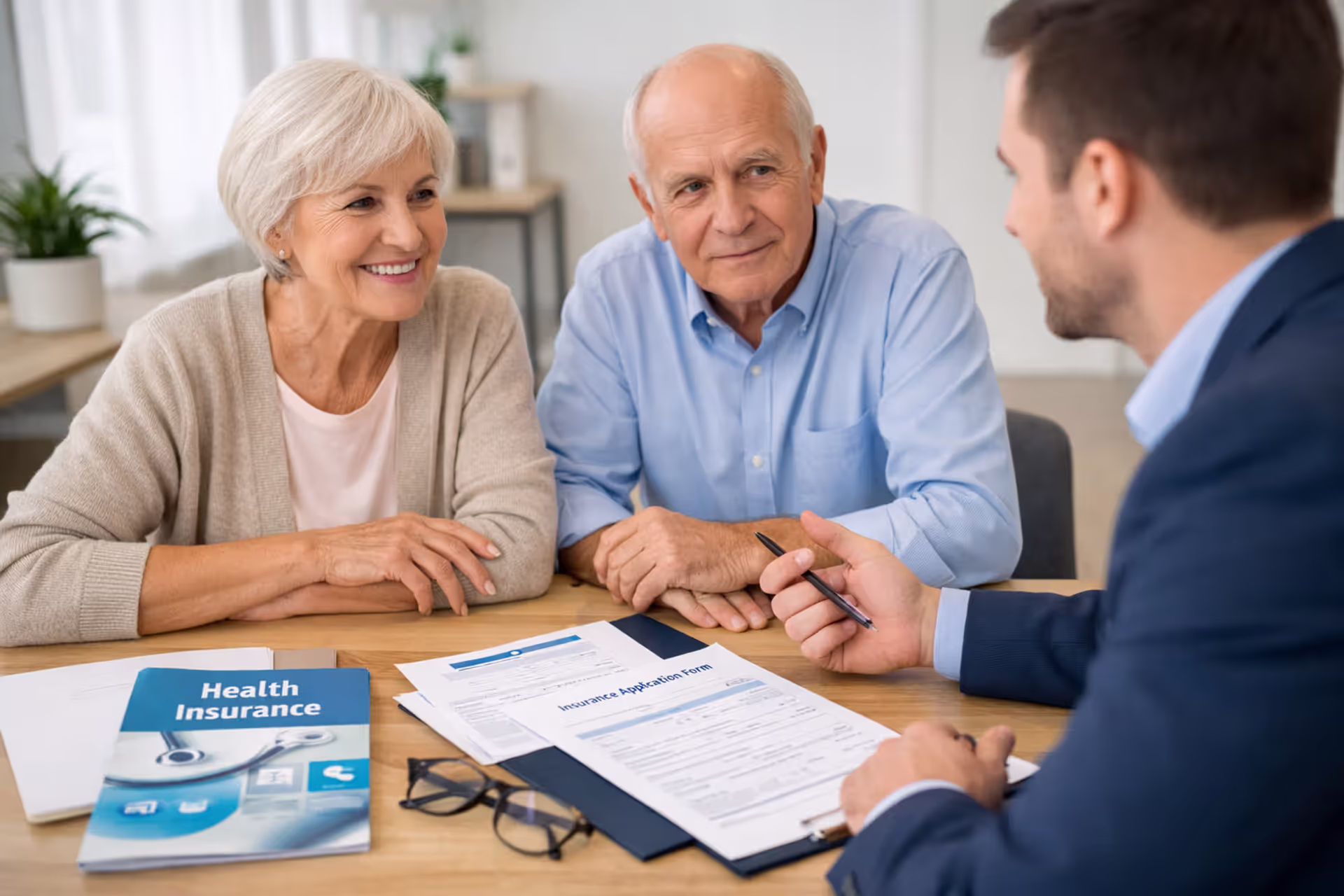 Senior couple consulting with insurance advisor about Medicare dental coverage options in a bright office