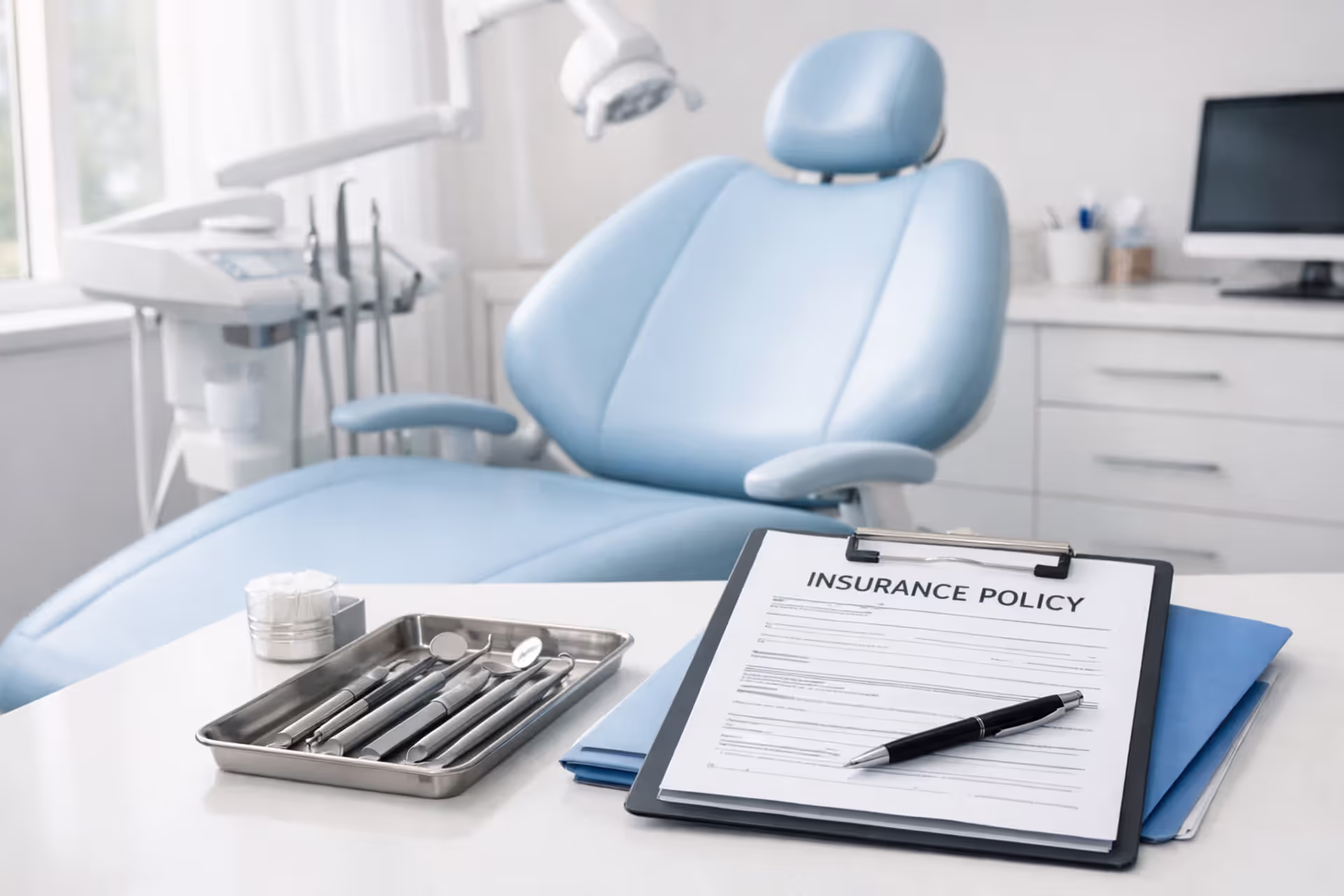 Modern dental office with empty dental chair, dental instruments, and insurance policy documents on a table in soft natural lighting