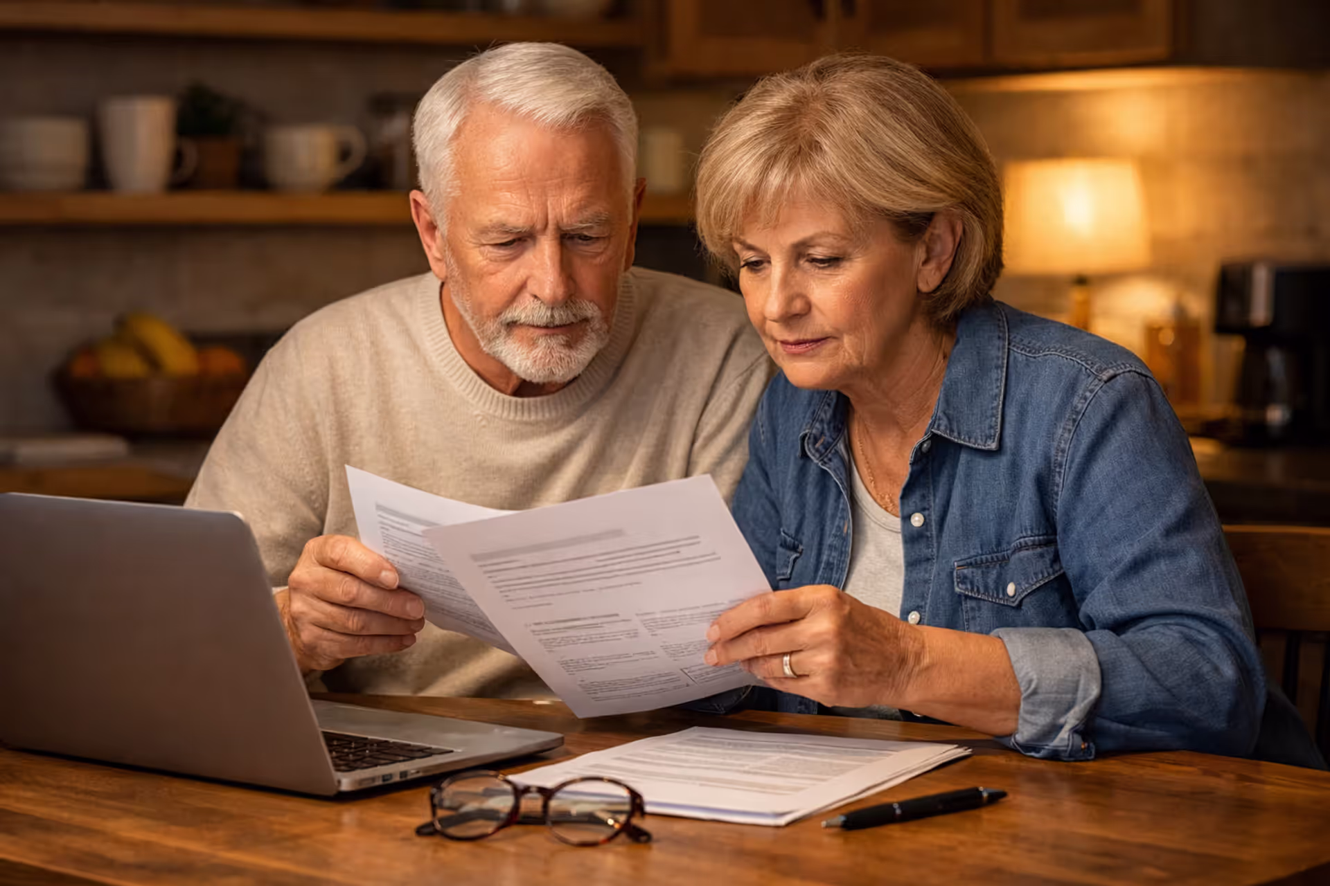 Senior couple reviewing dental insurance documents at a kitchen table with a laptop and eyeglasses