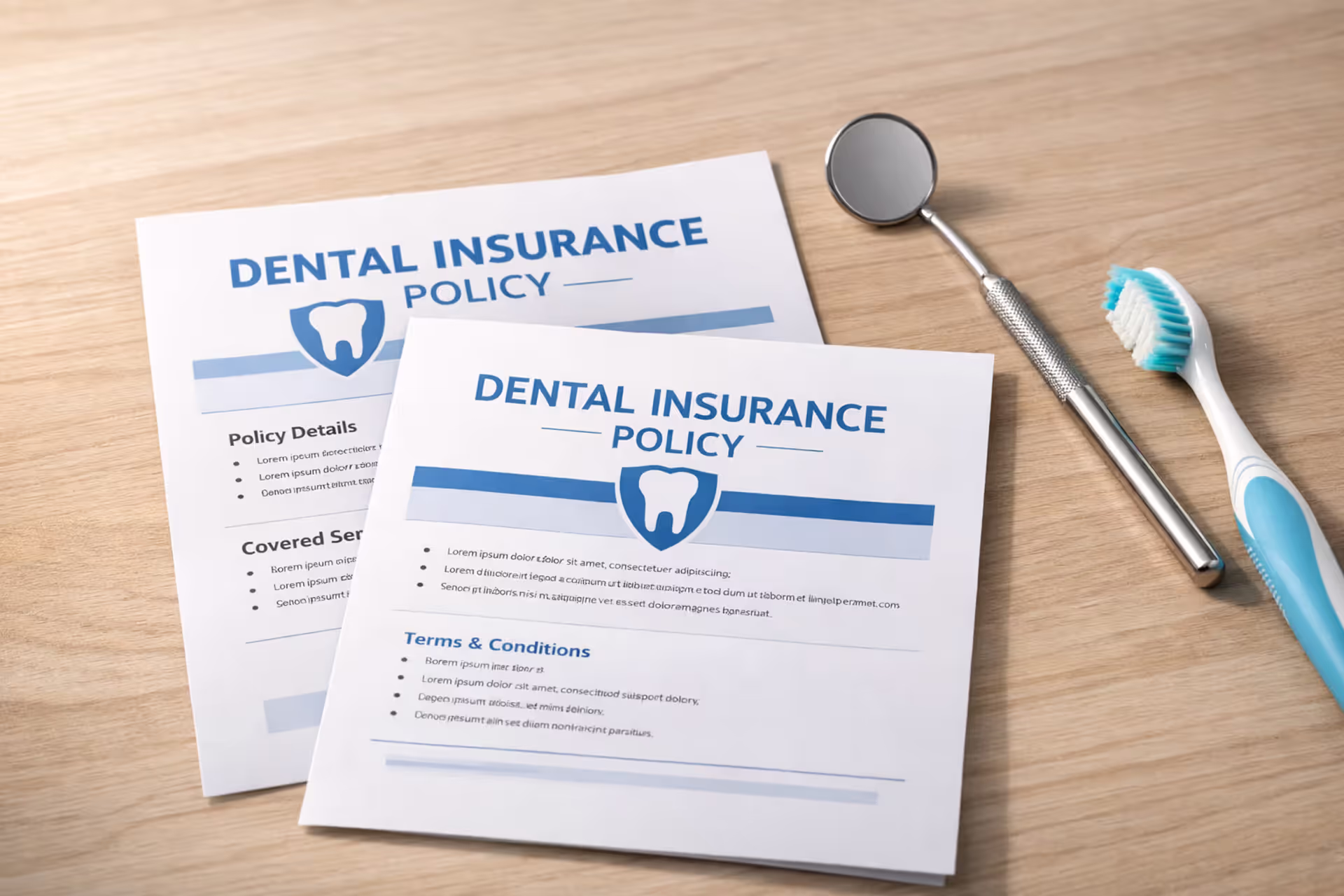 Two dental insurance policy documents on a wooden desk next to a dental mirror and toothbrush, soft natural lighting