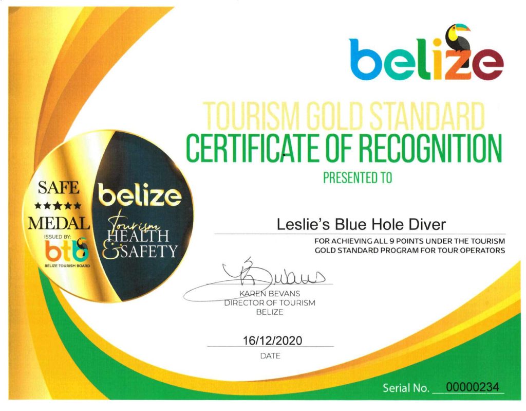 Tourism Gold Standard Certificate of Recognition to Leslie's Blue Hole Diver